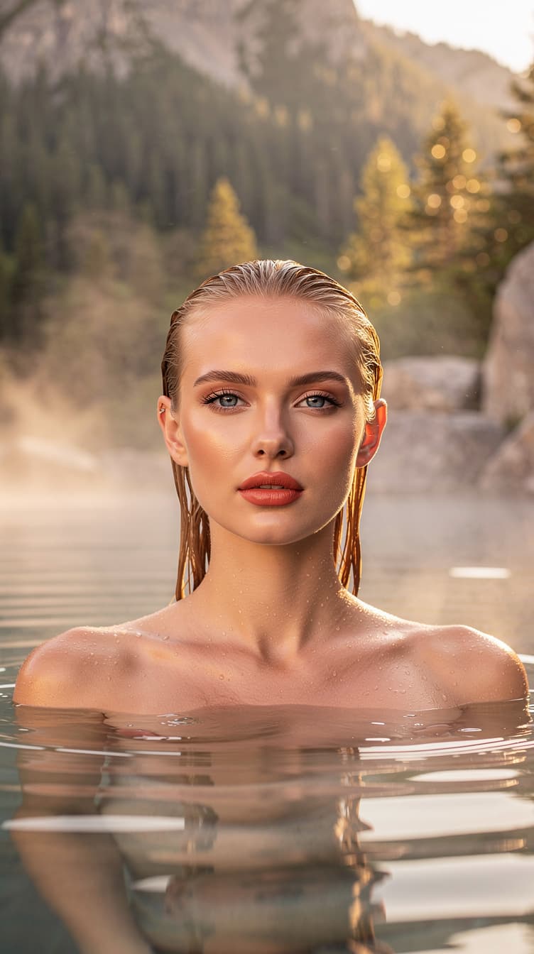 AI generated: "A vertical portrait image with soft golden hour light pastel colours. A lithe supermodel with fair ...