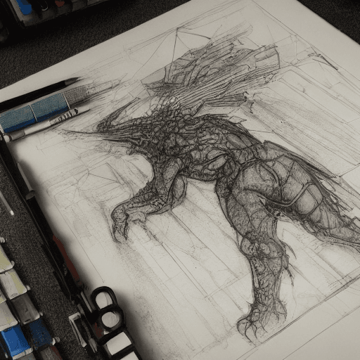 AI generated: leonardo da vinci color intricate full page scan blueprint of concept art dark creature, with touris...