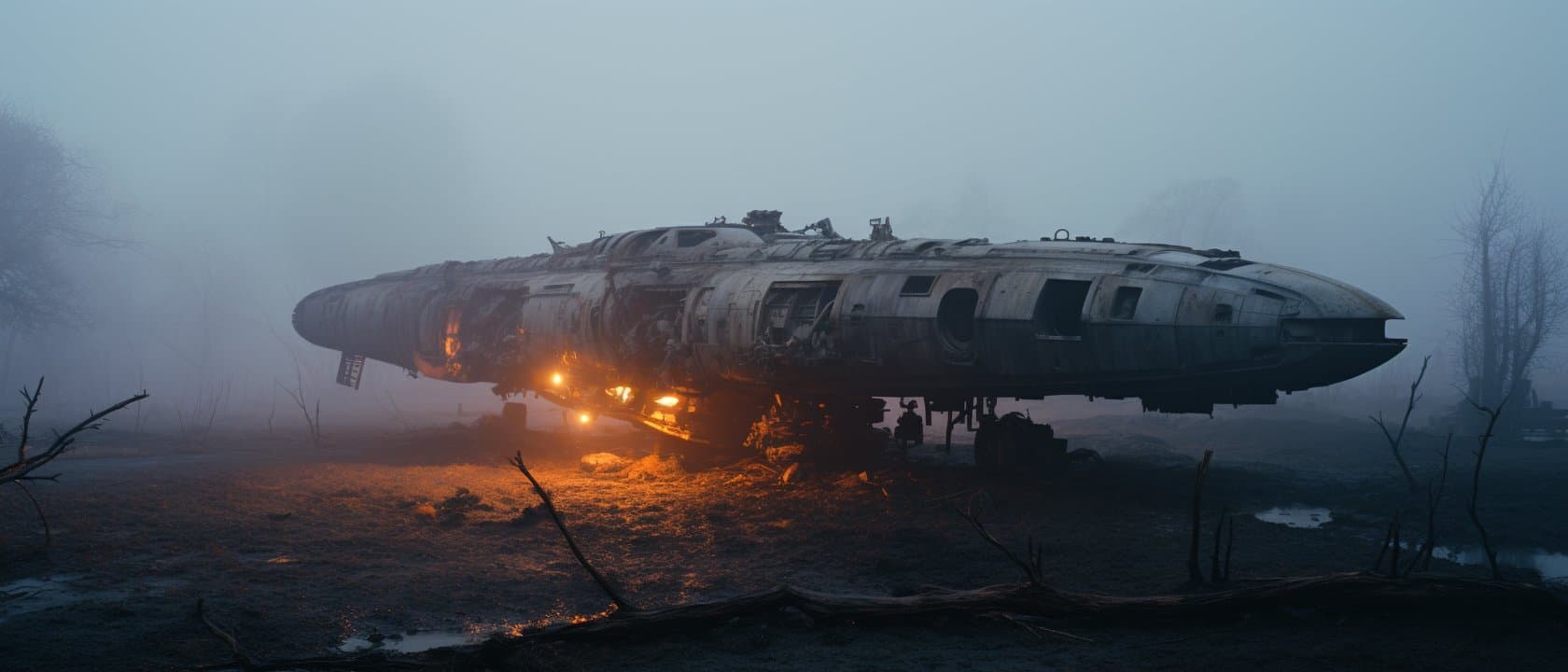 AI generated: abandoned [spaceship], foggy dawn creepy, rusted [controls], soft dawn light, misty, haunting, shot ...