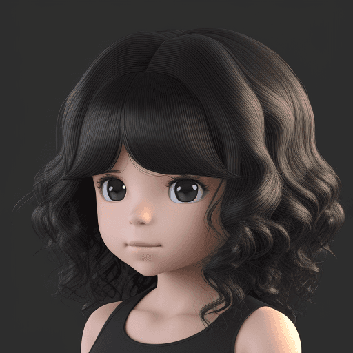 AI generated: small girl, 3D, 8k, wavy hair, black hair