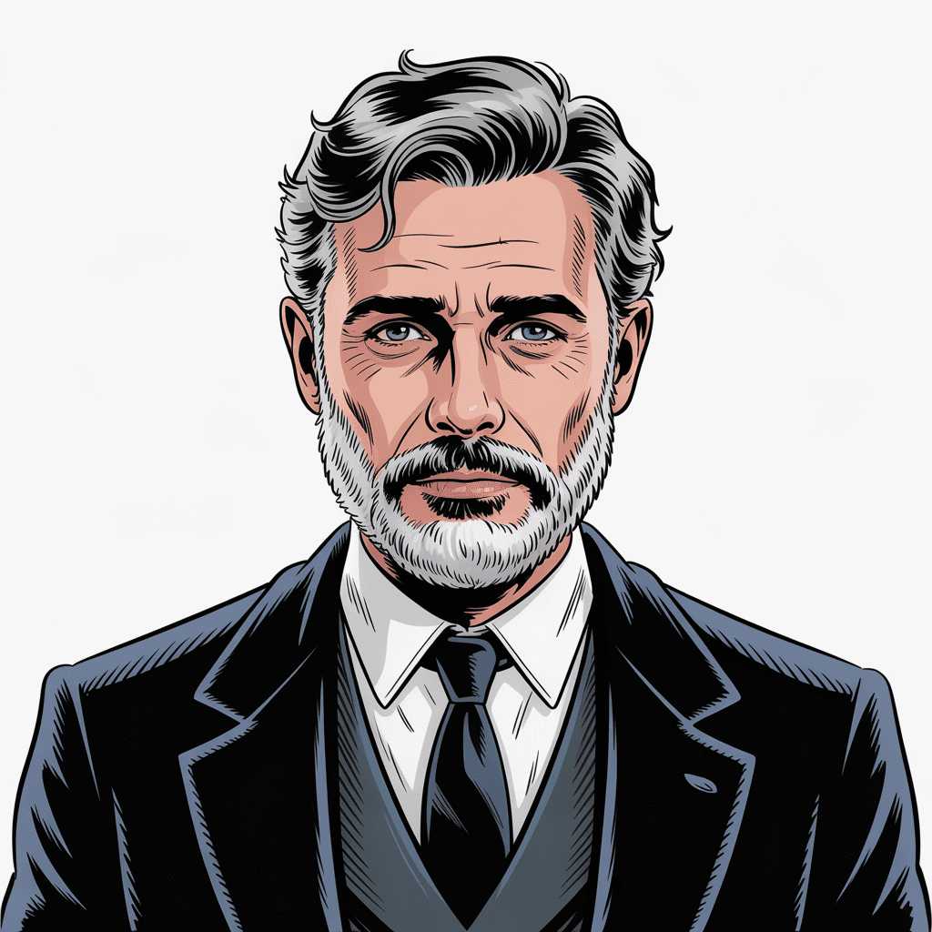 AI generated: "Digital illustration portrait of a middle-aged man with graying hair, a beard, and a mustache. His ...