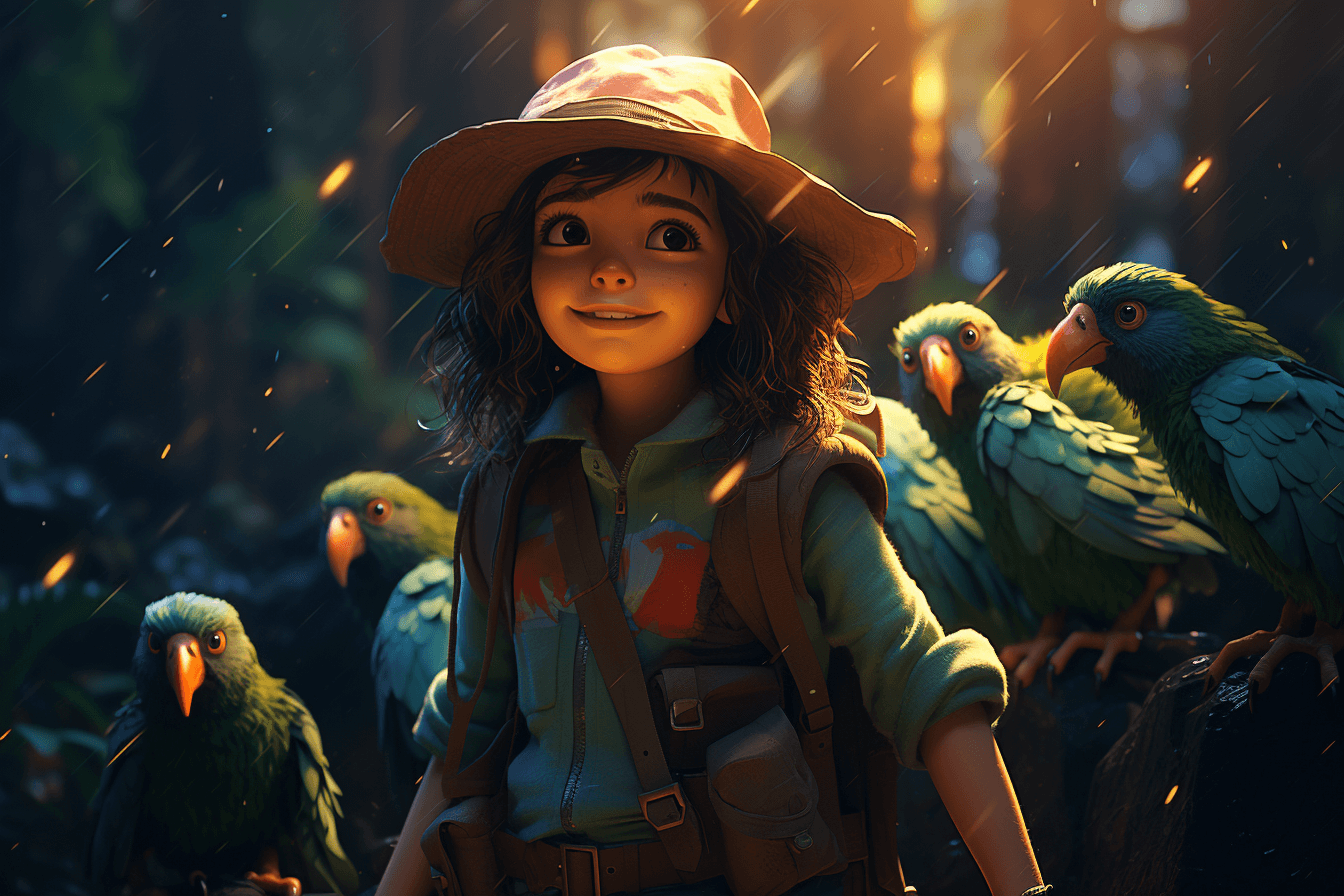 AI generated: A heartwarming jungle explorer in a 3D Pixar style, cute::2 young girl, with a safari hat and a back...