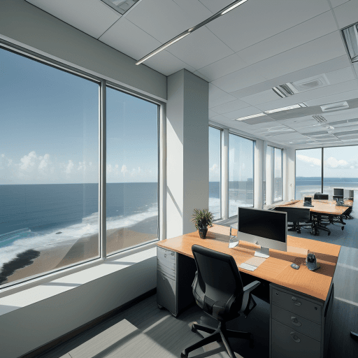AI generated: Photo ultrarealistic, a modern office with library, desk and a laptop on the desk; with also a big w...
