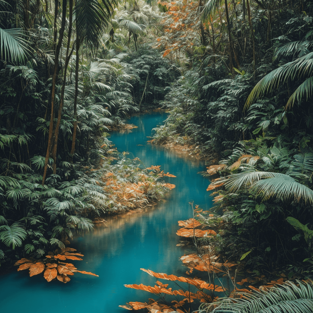 AI generated: uhd, cinematic still of a tilt-shift photo of a jungles river,[[[aerial]]], ( (Cool Tones),Amber_Tea...