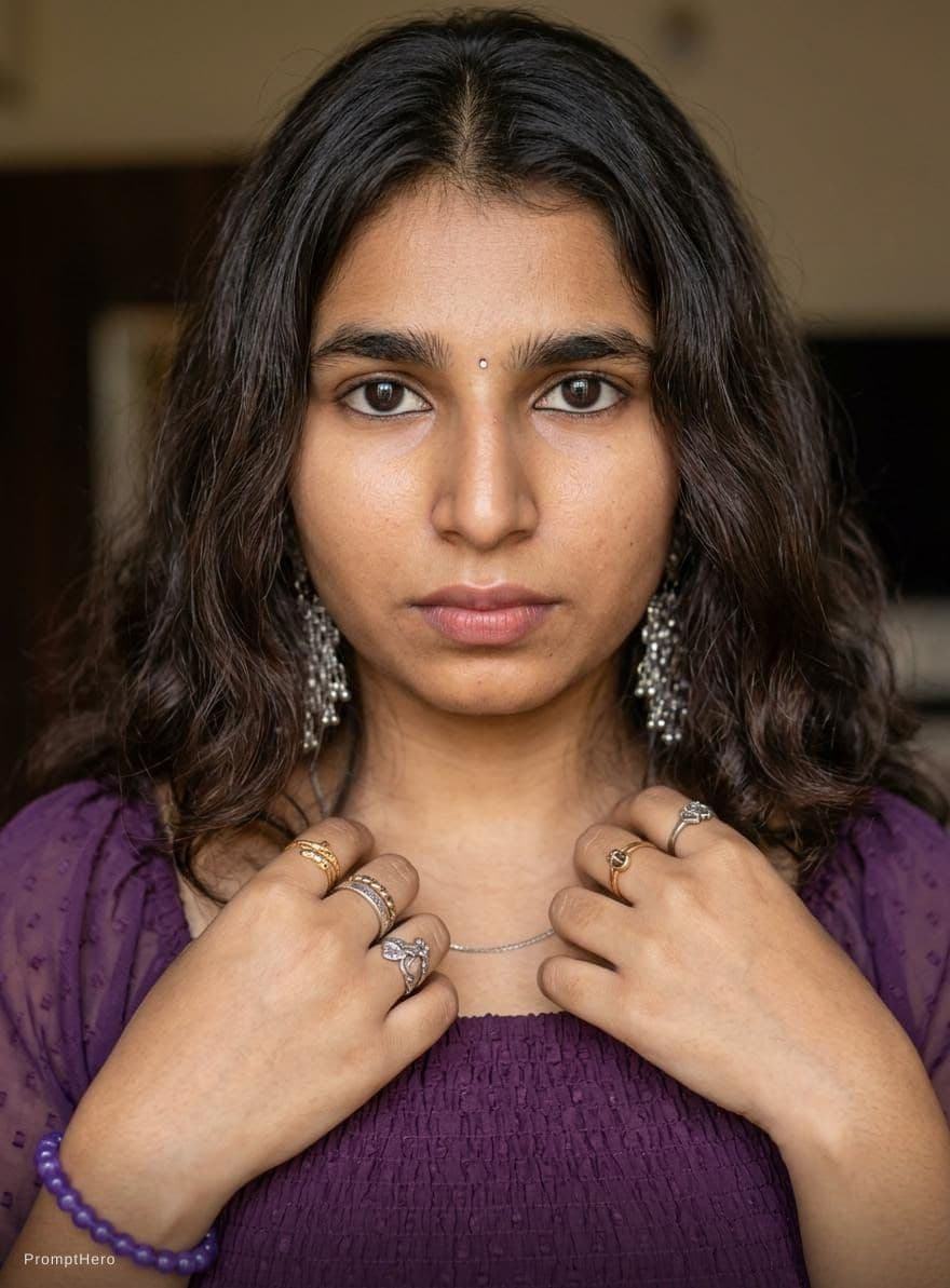 AI generated: Beautiful Indian woman, age 22-28, medium-fair warm Indian skin tone, oval face, symmetrical facial ...