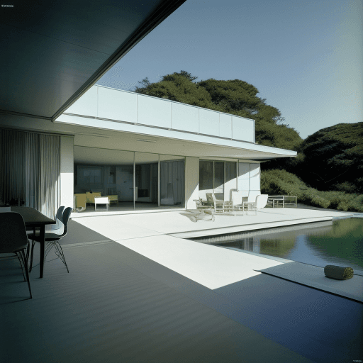 AI generated: Hyper realistic eye level exterior photo of a mid century modern style house overlooking the ocean, ...