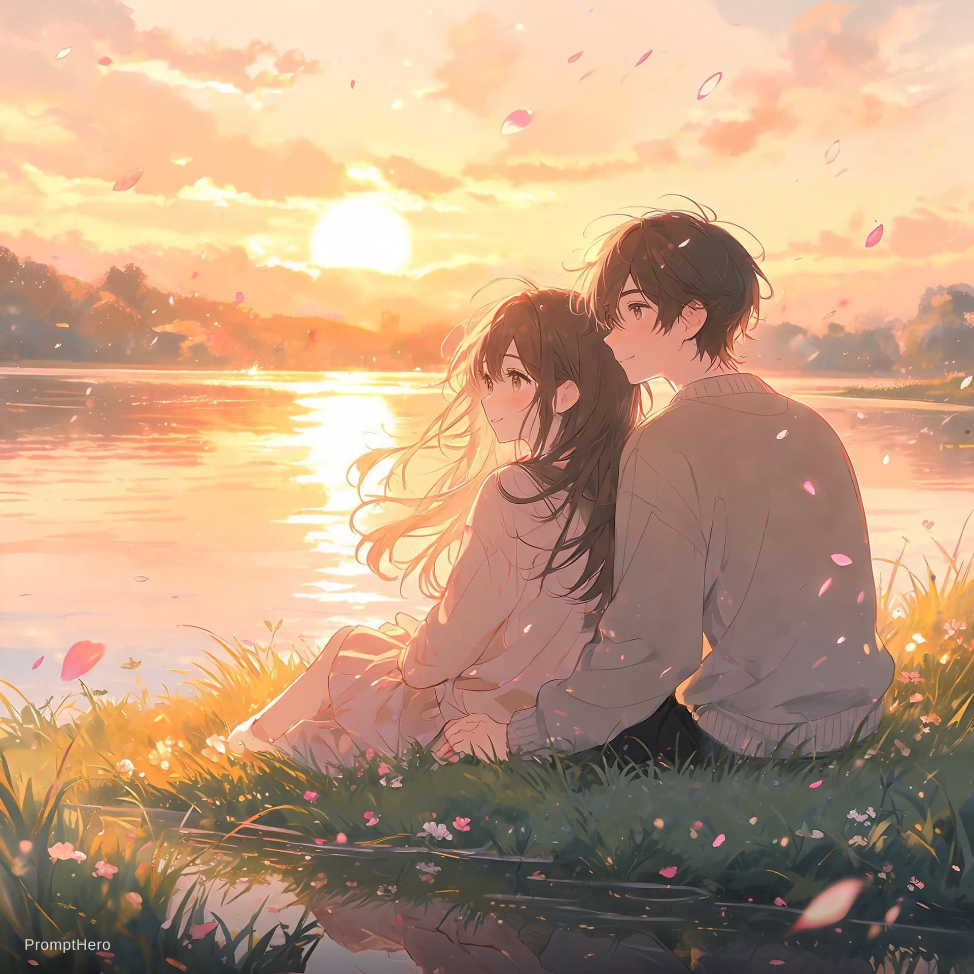 AI generated: Romantic animated couple sitting in a grassy field beside a glowing golden lake at sunset, warm yell...