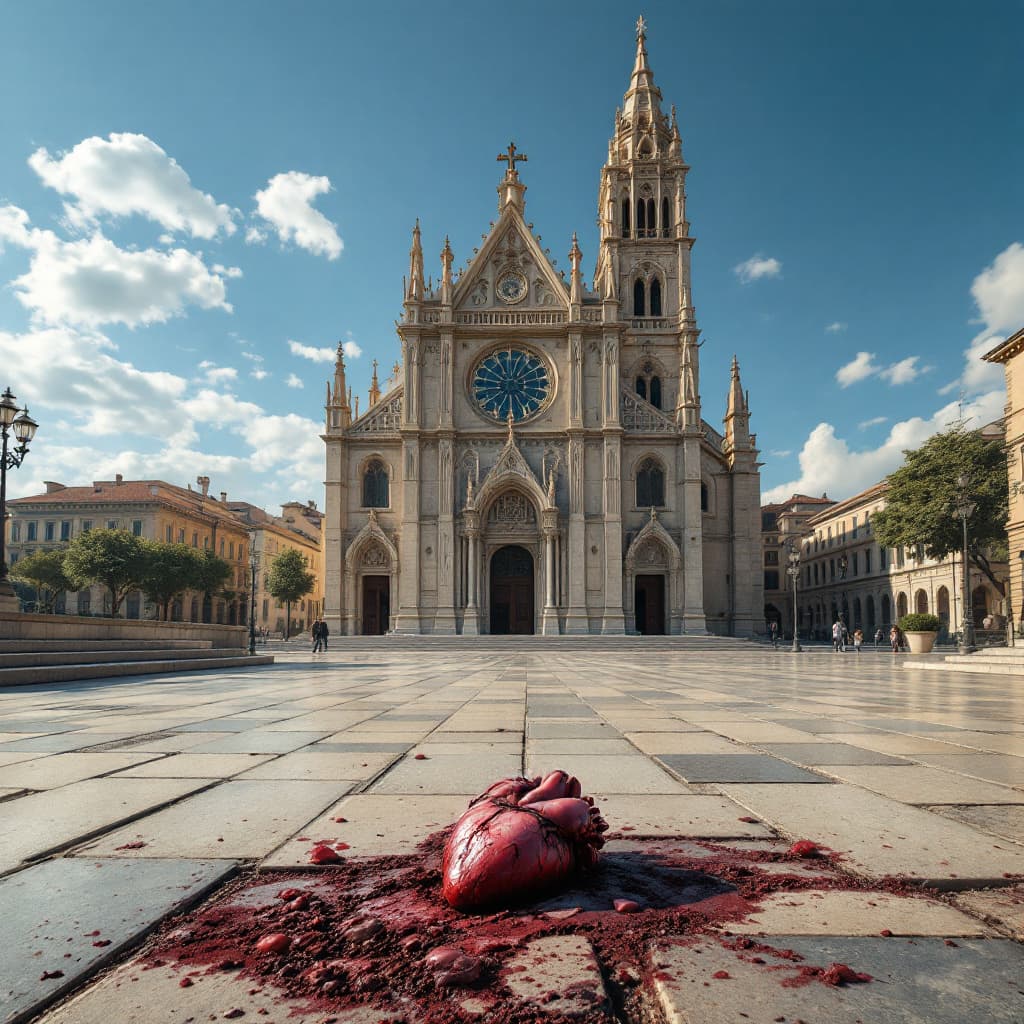 AI generated: Plano general amplio de una catedral, con toda la fachada visible, composición cinematográfica. 
En...