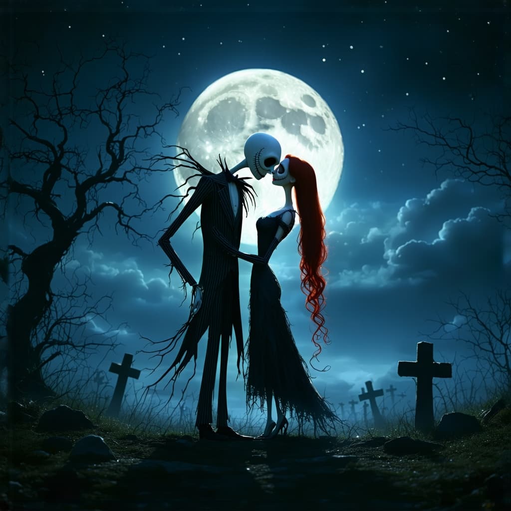 AI generated: To capture a beautiful, romantic moment between Jack Skellington and Sally sharing a kiss under the ...