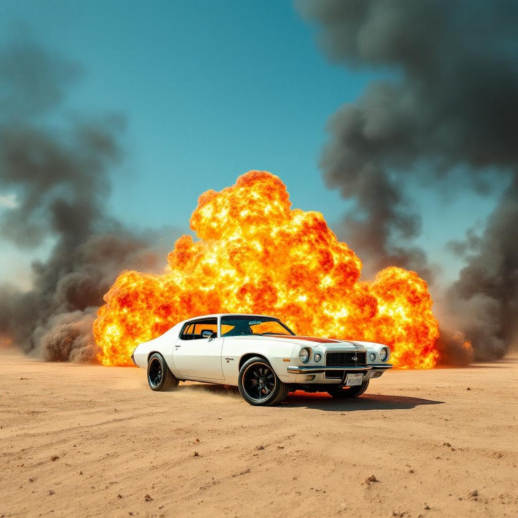 AI generated: A dramatic scene in a desert landscape features a classic white luxury car parked on a sandy, barren...