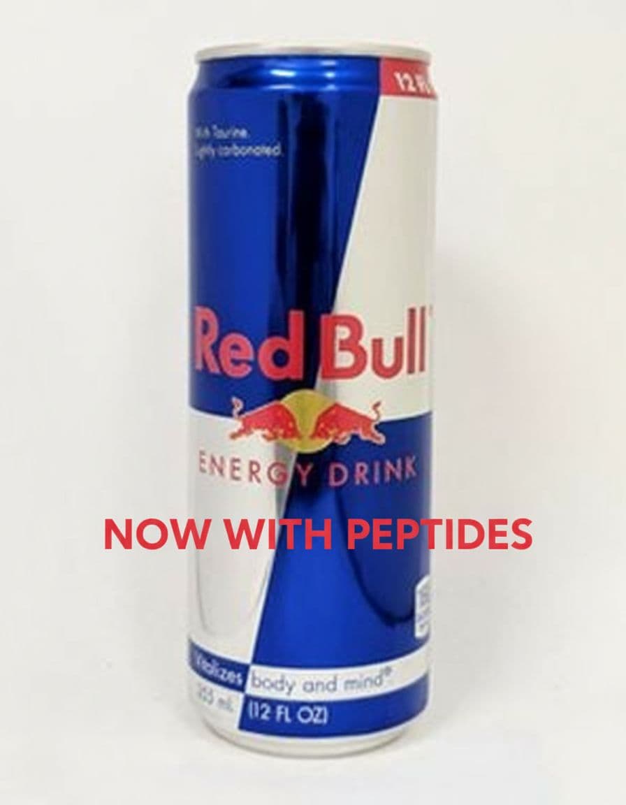 AI generated: i want this redbull but can have to have "now with peptides"
