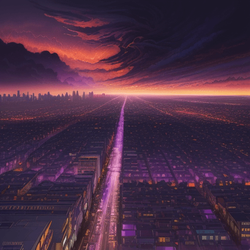 AI generated: vibrant animated landscape at dusk, featuring a dramatic purple sky with swirling clouds and vivid o...