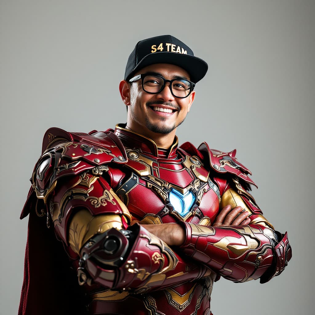 AI generated: A 35-year-old Indonesian man wearing black rayon glasses and a hip hop hat that says "S4 TEAM" and s...