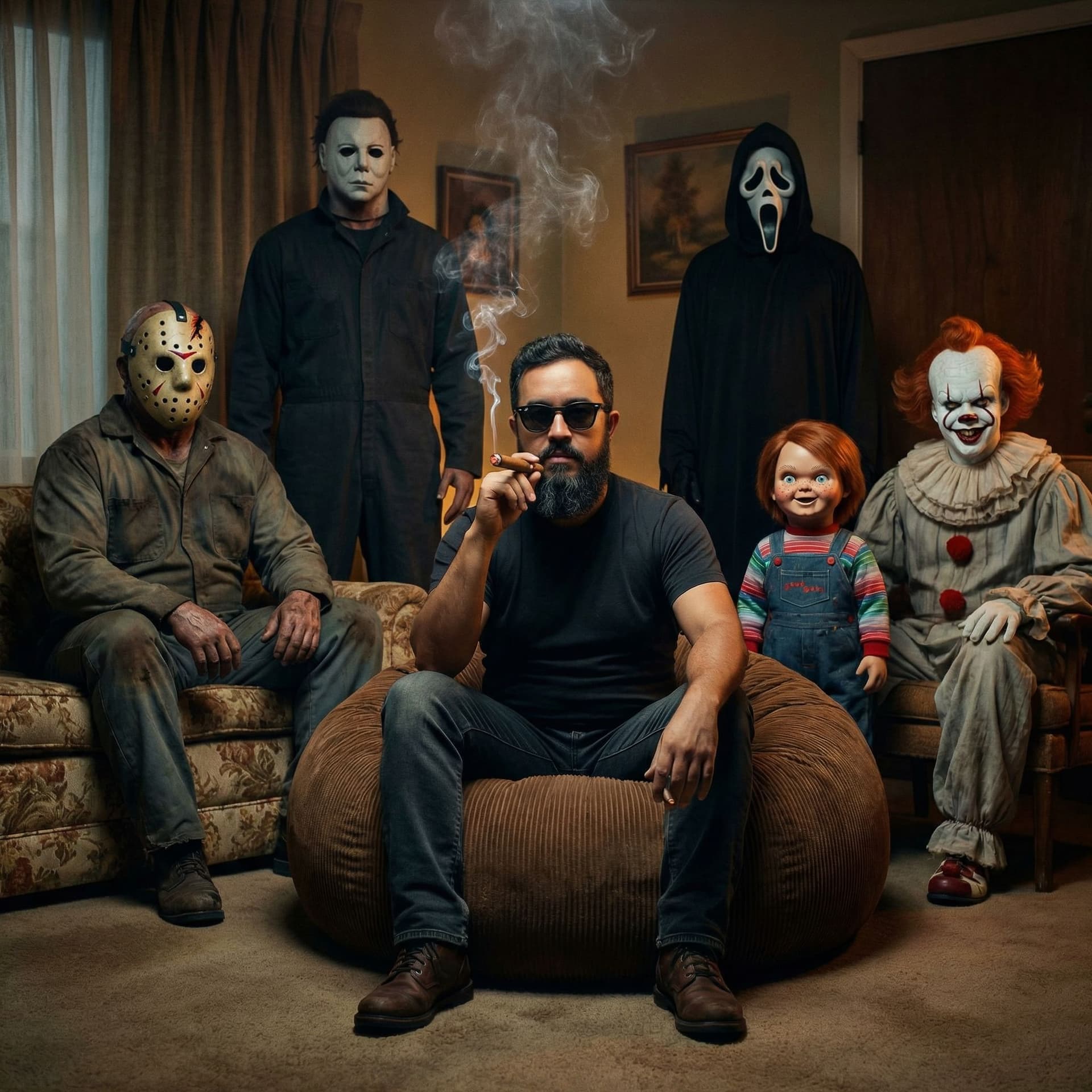 AI generated: {
 "title": "01_circle_on_couch_horror_icons",
 "type": "image",
 "identity_reference": {
 "use_...