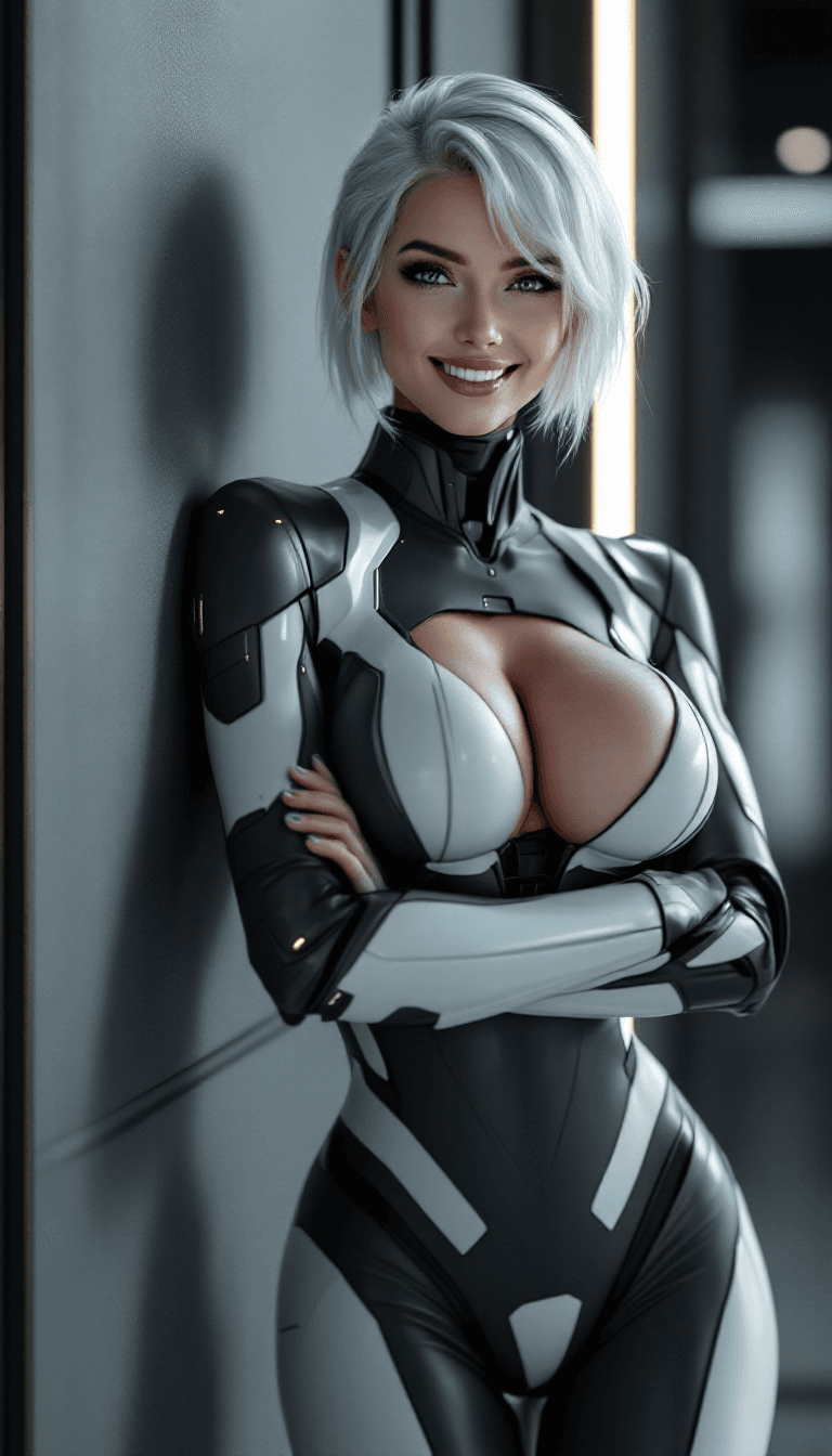 AI generated: cyber woman smiling happily, with white hair, arms crossed around waist, large breast and cleavage, ...