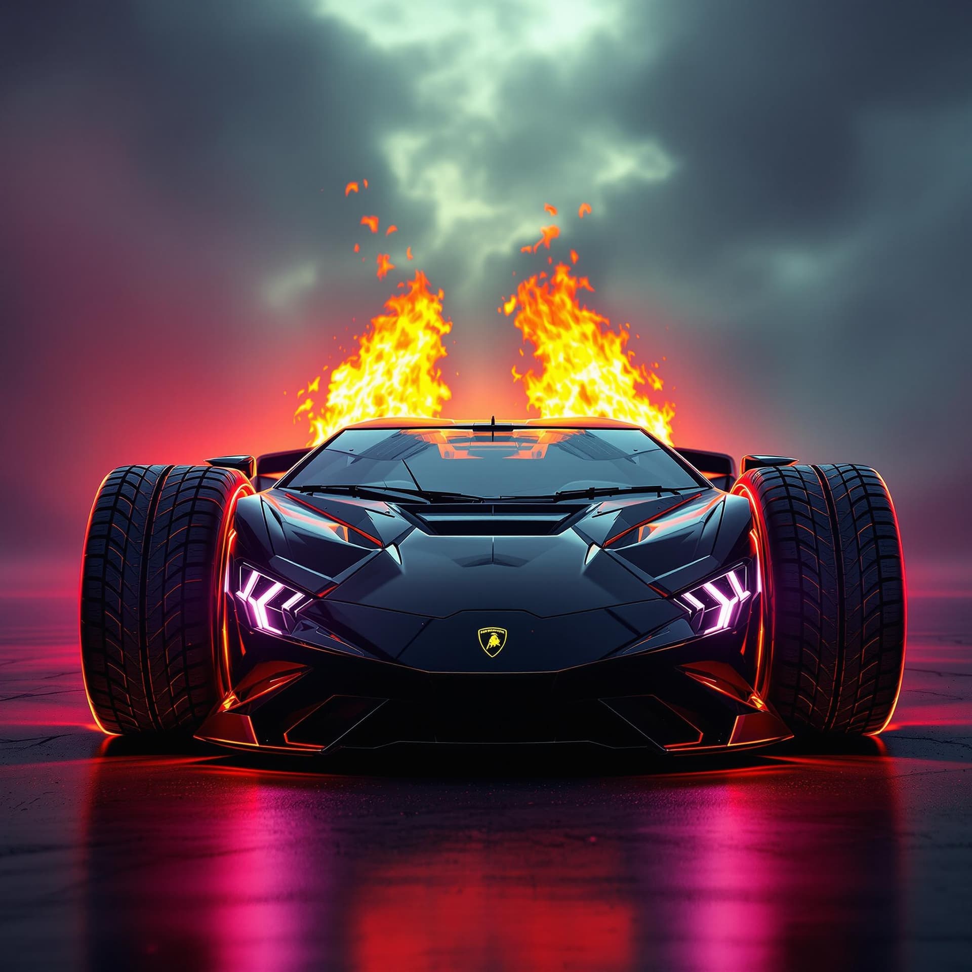 AI generated: front view of a shiny black futuristic lamborghini with huge rear tires bigger than the front and ha...