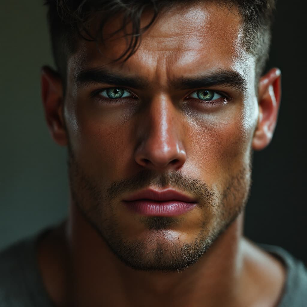 AI generated: A male in his 20's,muscular, face is very masculine.  the width of his chins is wide,his eyes are ho...