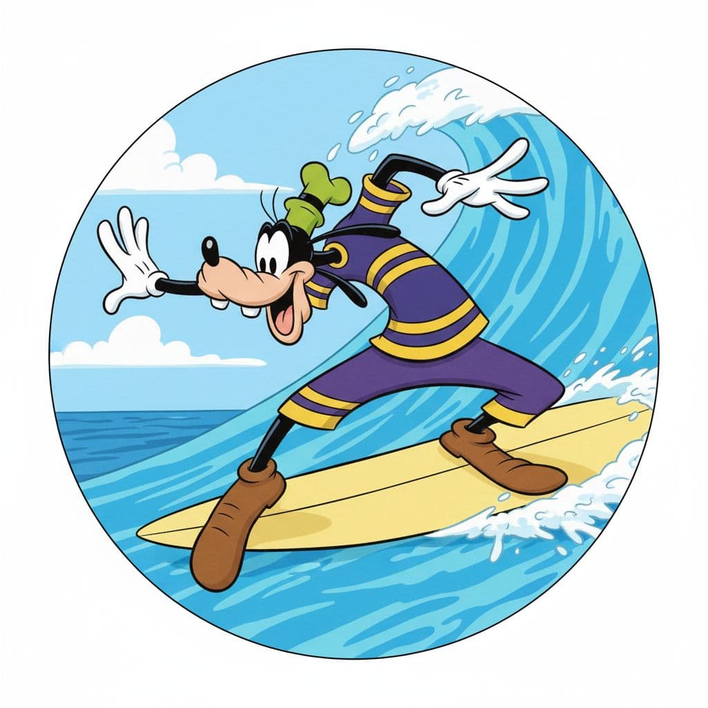 AI generated: Goofy on a surfboard on a wave. Micky mouse cartoon style
