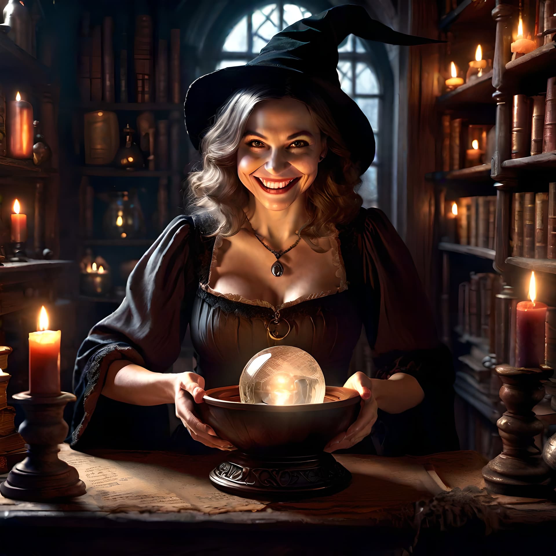 AI generated: a beautiful photo of a witch grinning maniacally as she holds her hands over a crystal ball, cauldro...
