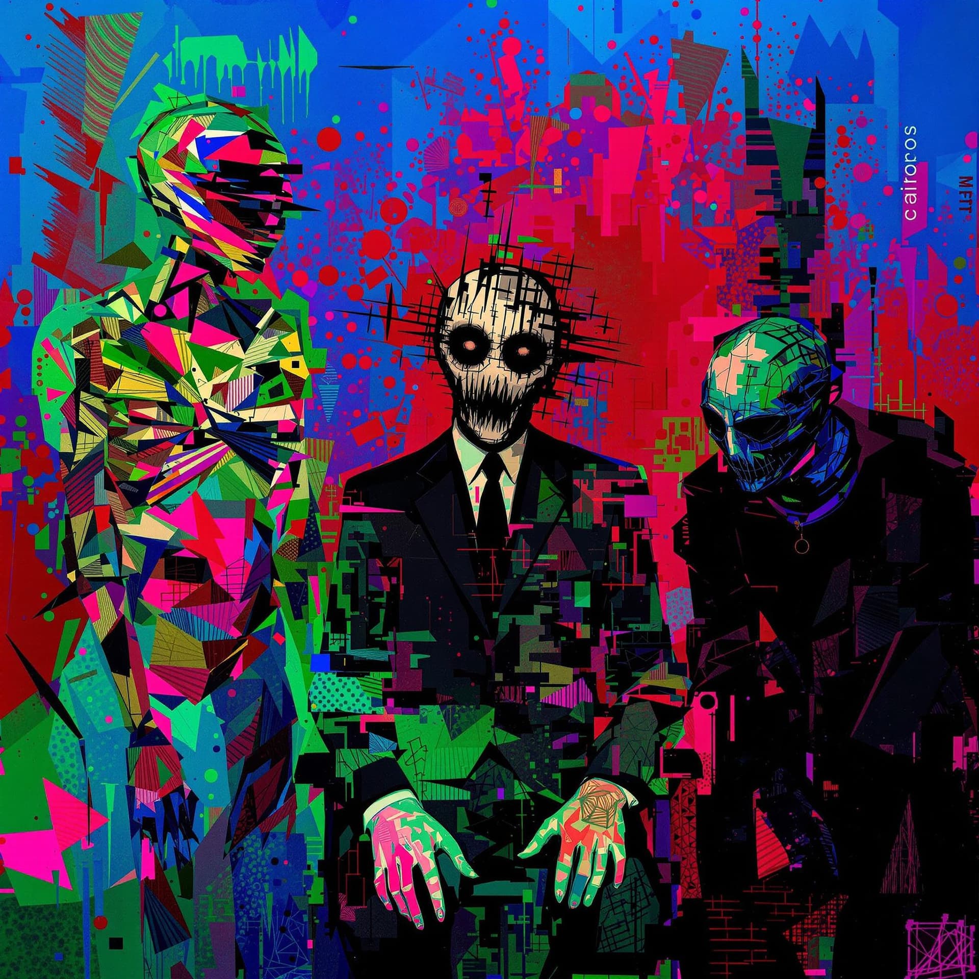 AI generated: A surreal, abstract artwork featuring three figures. The central figure is seated in a dark suit, wi...