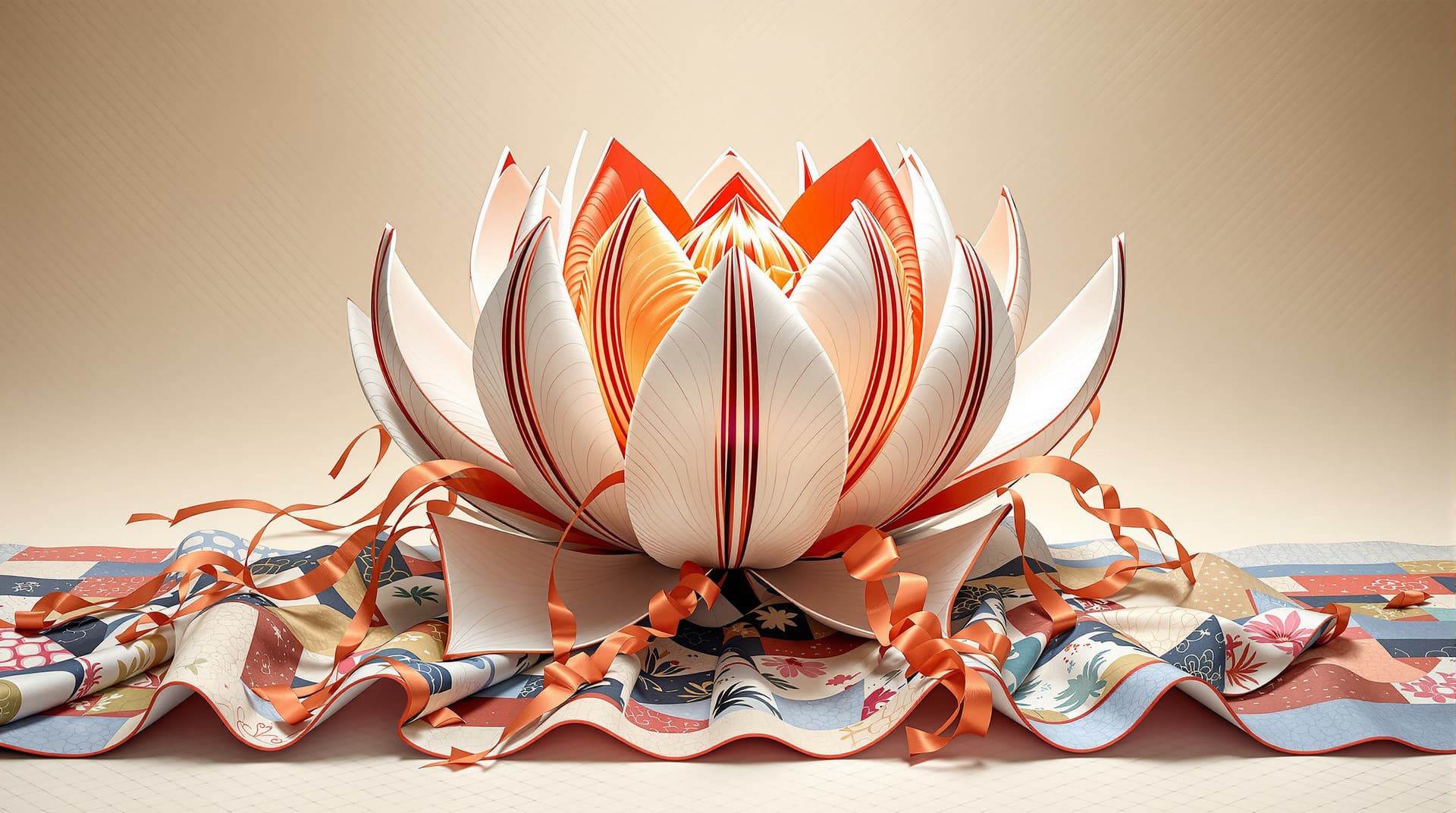 AI generated:  A hyper-realistic scene featuring a lotus-shaped sculpture crafted from glossy satin silk, with lon...
