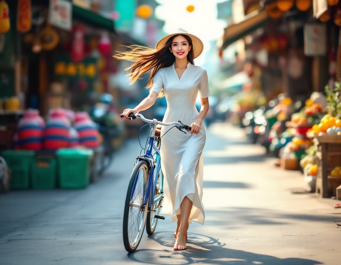 AI generated: Full body view of a  very beautiful Vietnamese girl walks her bicycle through a bustling street mark...