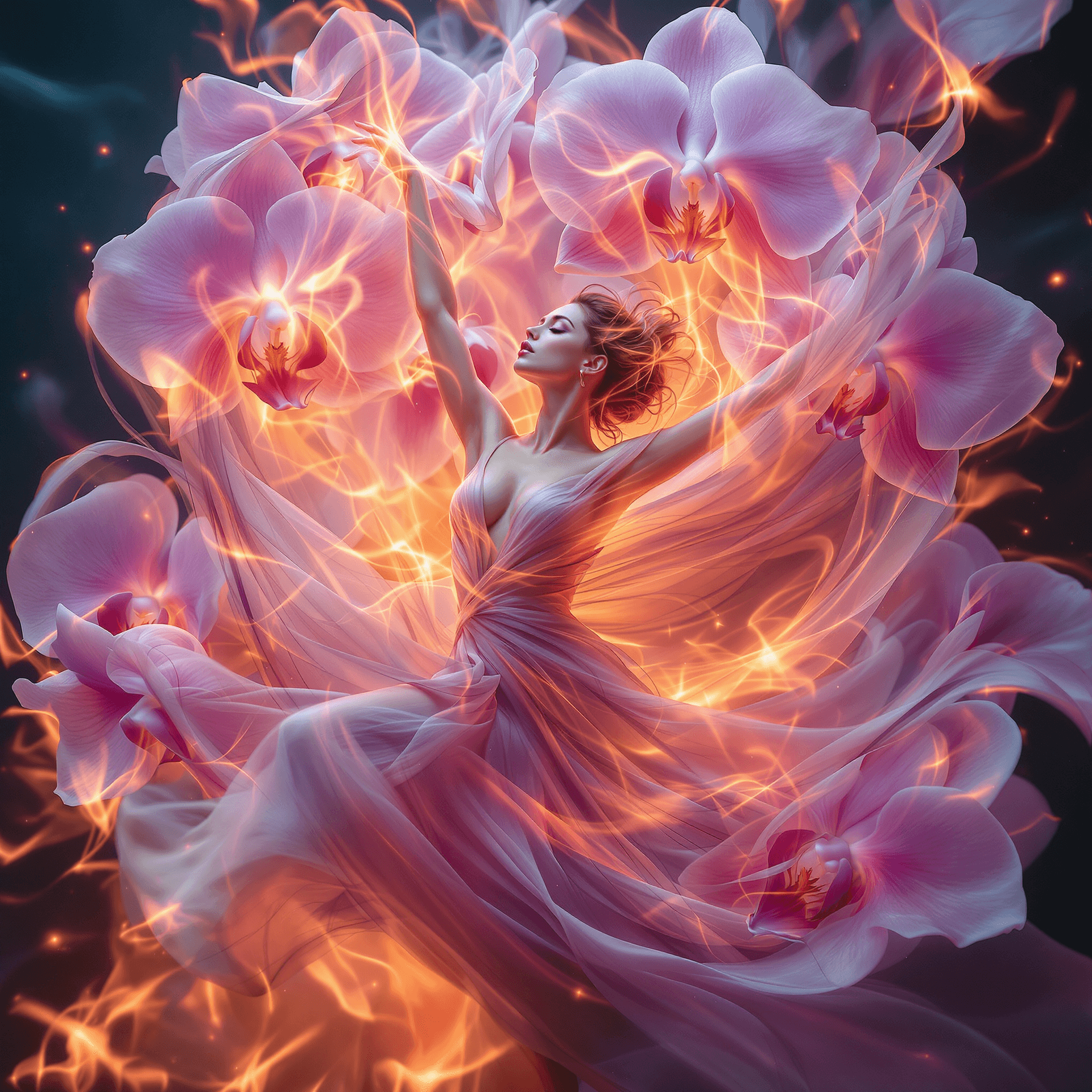 AI generated: triple exposure photograph of an ethereal dancer in flowing fabrics surrounded by large orchid petal...