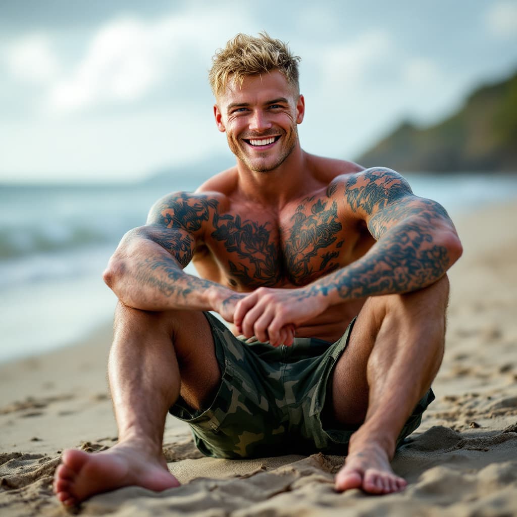 AI generated: Head to toe image, Young irish bodybuilder, lots of tattoos, short blonde hair, blue eyes, camouflag...