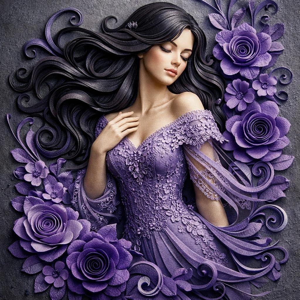 AI generated: A 3D sculptural relief art piece of a woman with flowing dark hair surrounded by purple paper flower...