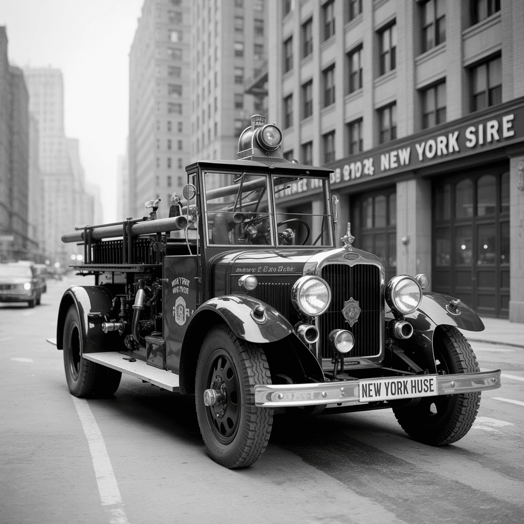 AI generated: photo-realistic news paper black and white photo of a 1920's New York fire engine, parked outside th...