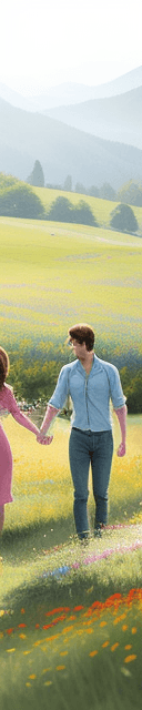 AI generated: A vibrant meadow with blooming flowers, a young couple walking hand in hand, laughing under the soft...