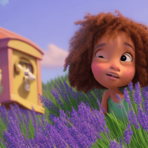 AI generated: A still from a 3d Disney movie of a very cute little mixed girl with short brown curly hair at a lav...