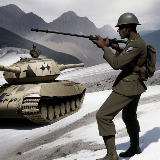 AI generated: A dark-skinned man shoots with a stick in the mountains at the Italian troops of the Second World Wa...