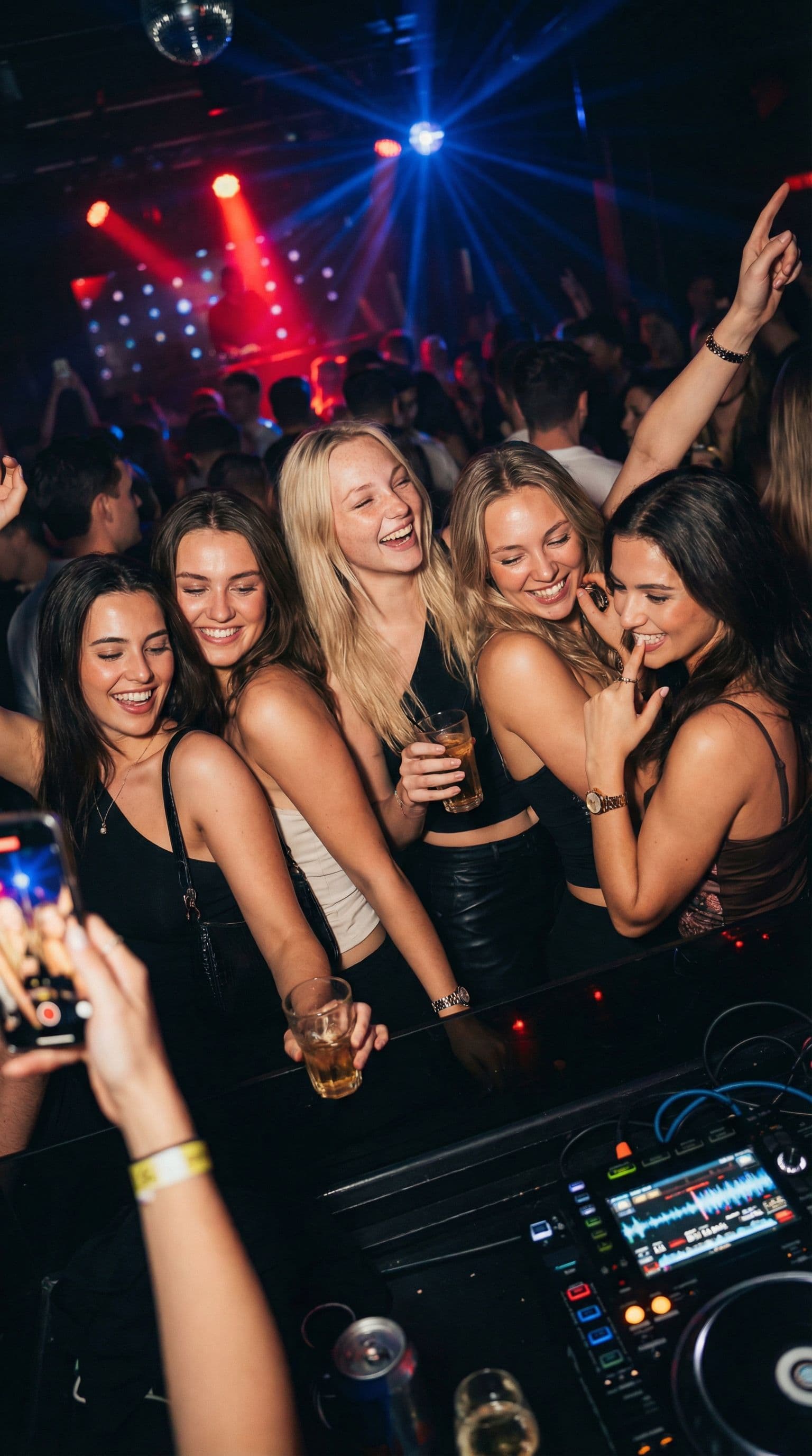 AI generated: iphone 15 pro max photo, same girl with group of gorgeous girls partying at a club.They look like tr...