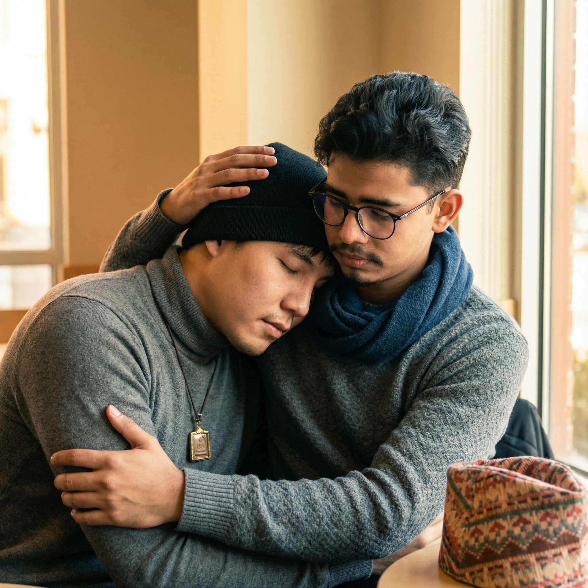 AI generated: 2 brother hugging each other for healing from broken and depression. 1 brother from Thailand and 1 f...