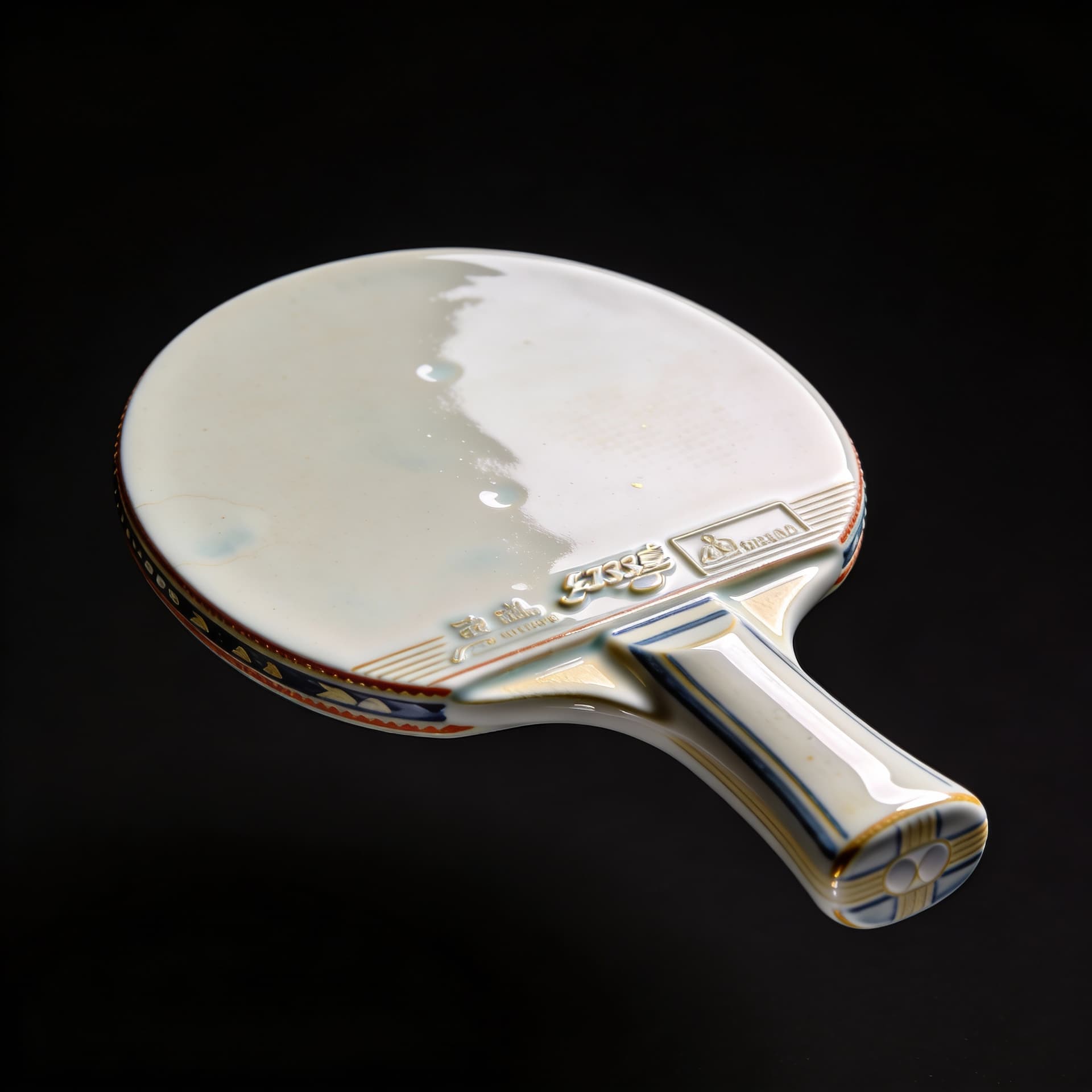 AI generated: A hyper-realistic editorial 3D render of a ping pong racket sculpted from fine porcelain china, phot...