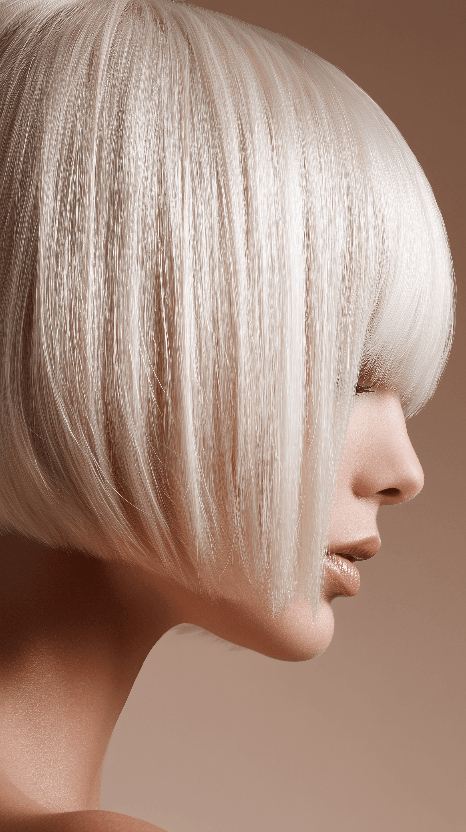 AI generated: hair photography, side close-up of a woman with sleek bob cut hair style, platinum blonde hair color...