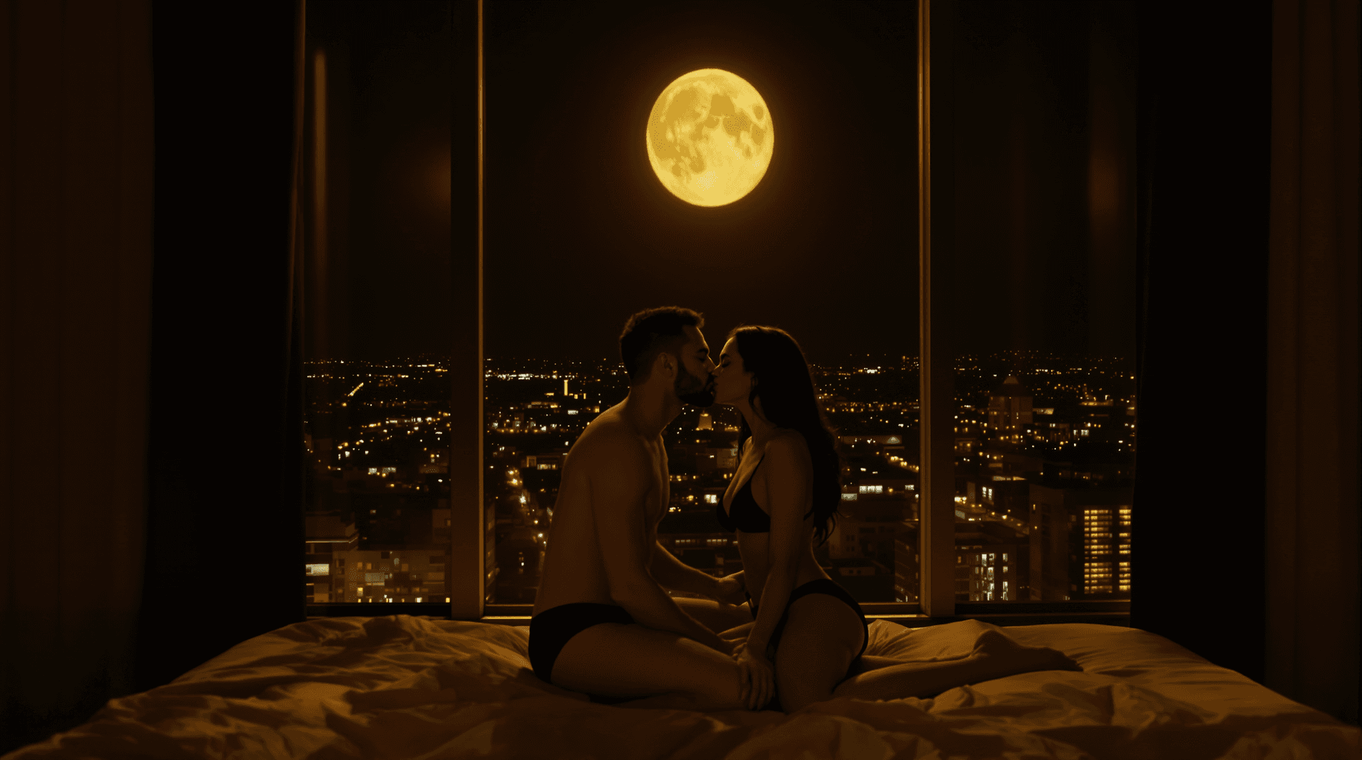 AI generated: image featuring a romantic, very intimate scene set against a nighttime cityscape. A nude couple is ...