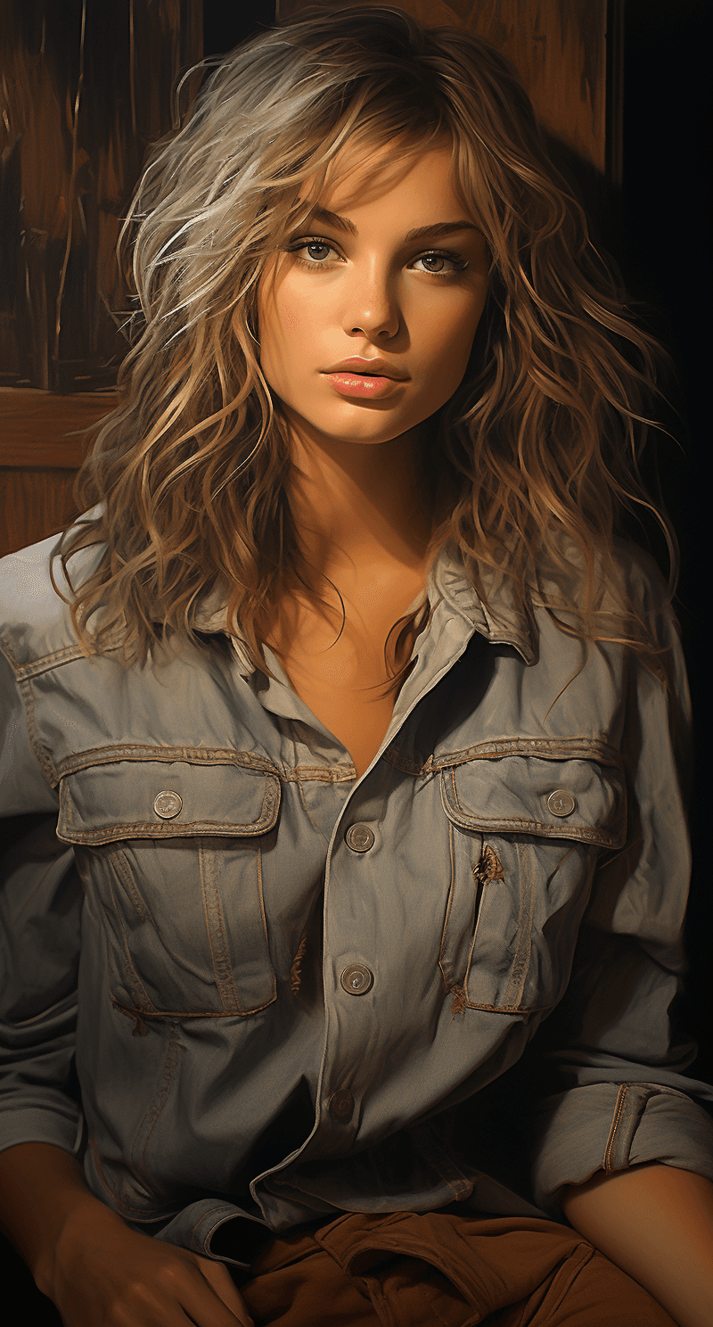 AI generated: a beautiful young woman in denim shorts by robert laine, in the style of celebrity image mashups, ka...