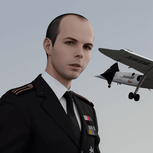 AI generated: Imagen de alta resolución de adreas lubitz serio, con traje negro y camisa blanca con fondo de avion...