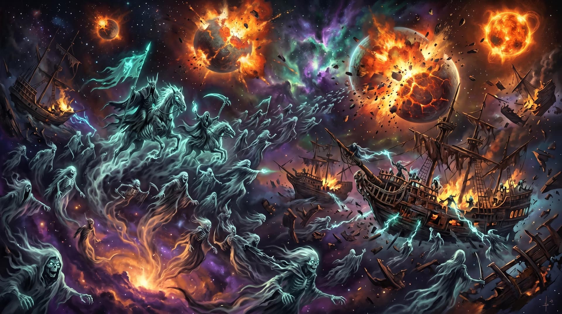 AI generated: Army of Necromantic phantasmal Wraiths, rising from the depths of the Apocryphal Abyss Nebula, ghost...