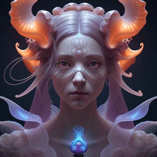 AI generated: Goddess close-up portrait ribcagel. jellyfish phoenix head, nautilus, orchid, skull, betta fish, bio...