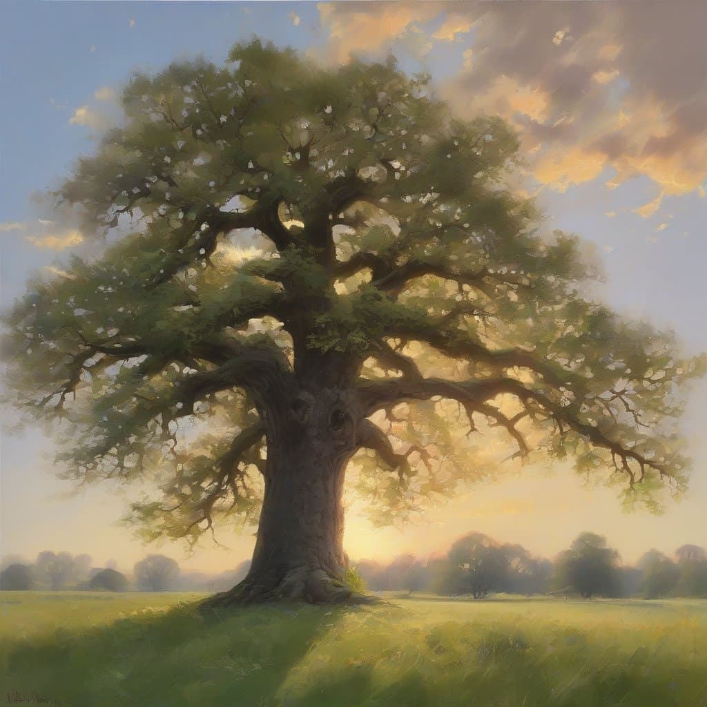 AI generated: wet-on-wet, Alla prima painting of marvelous oak tree, enormous, spring, low level shot, meadow at s...