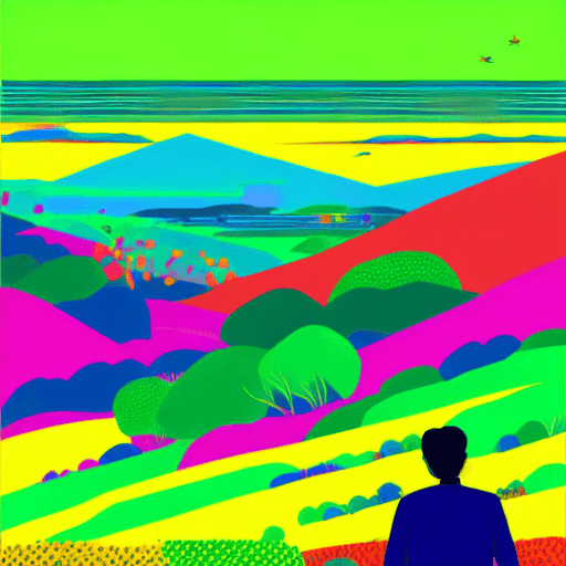 AI generated: vibrant scenes, landscape, person looking at the horizon, Punchy Vector, primary color is green --ar...
