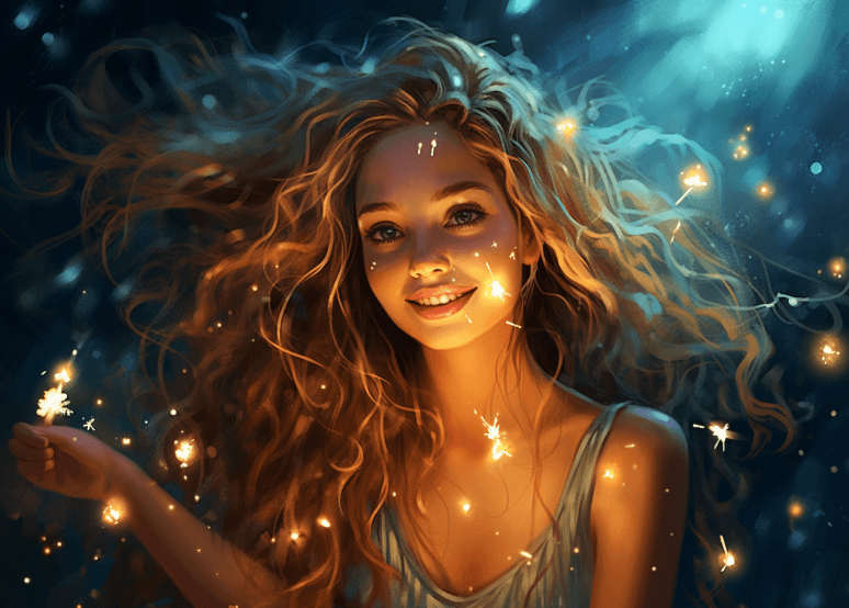AI generated: girl with dancing sparklers, confetti, star, sky, fairy, beautiful, joy, moon, star, glowing, starry...