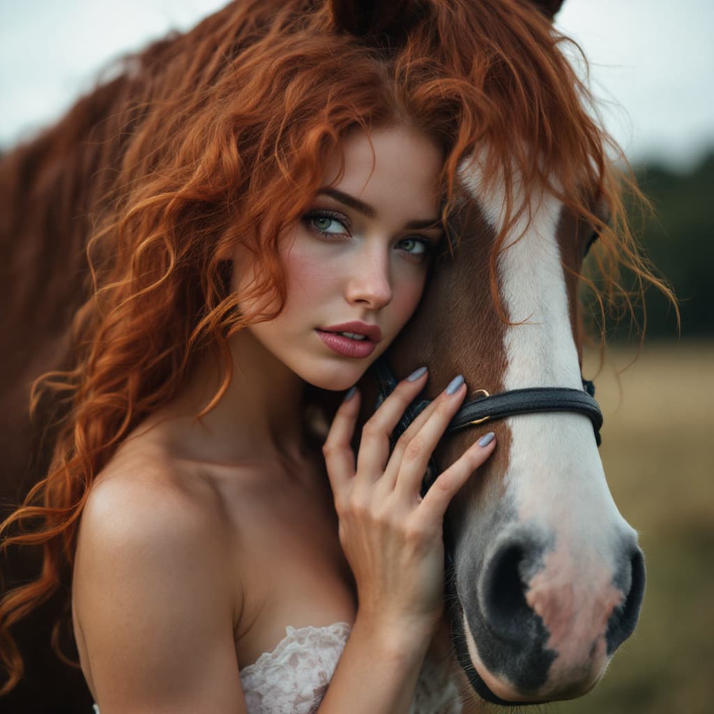 AI generated: beautiful, perfect realistic woman, 22 years old, long red hair, slightly curly, in front of horse h...
