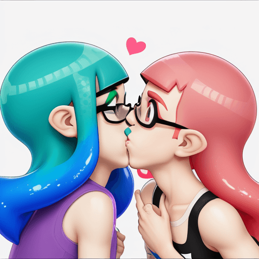 AI generated: Photo of an gay inkling kissing another gay inkling from splatoon
