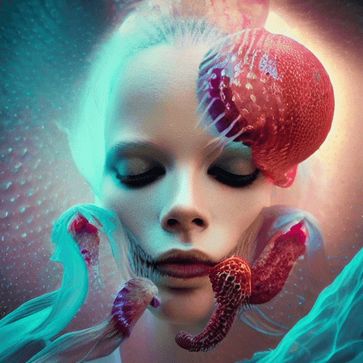 AI generated: Goddess close-up portrait ribcagel. jellyfish phoenix head, nautilus, orchid, skull, betta fish, bio...