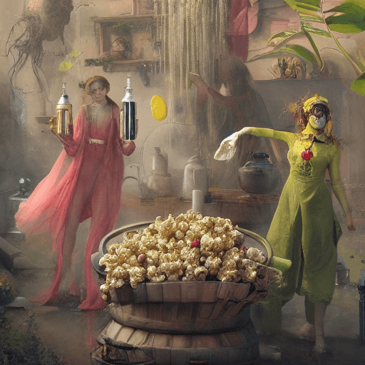 AI generated: potent potions apothecary, roadside popcorn monster,  by tom bagshaw as ruan jia  as lemonade guns, ...