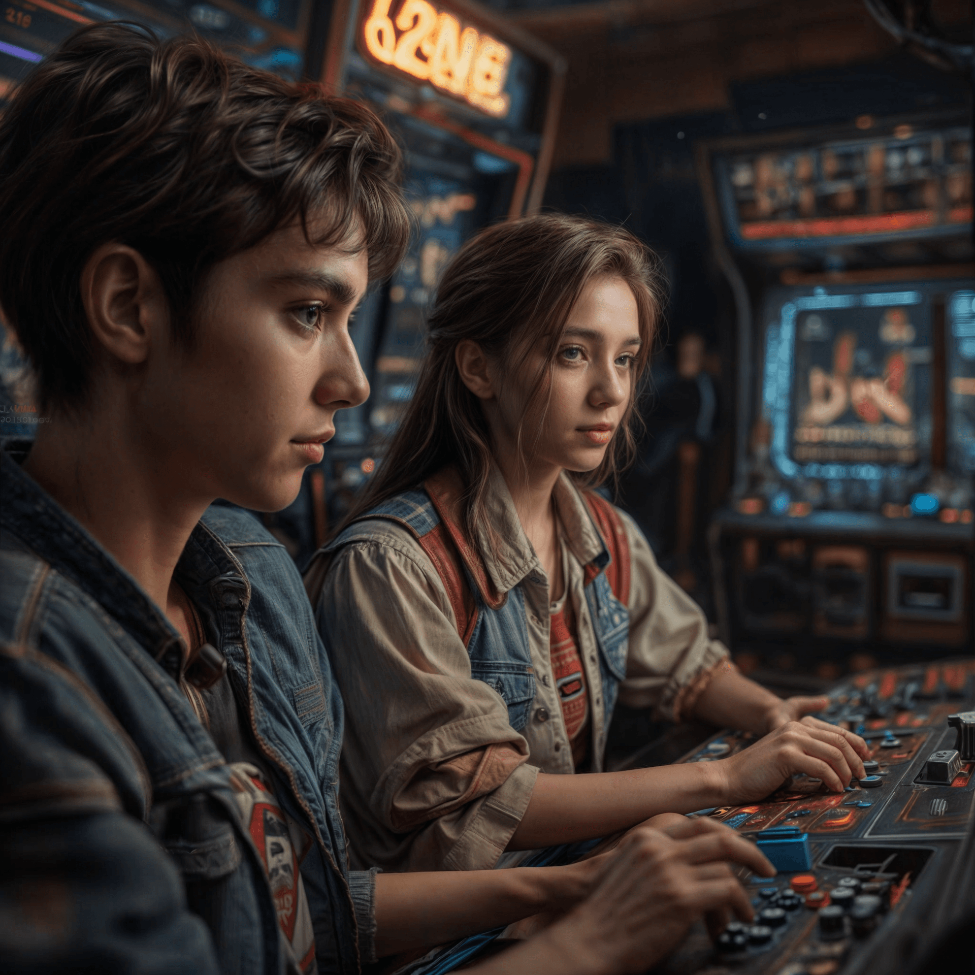 AI generated: the year was 1984.. we were young, Arcade game hall, friends, love, trending on artstation, sharp fo...